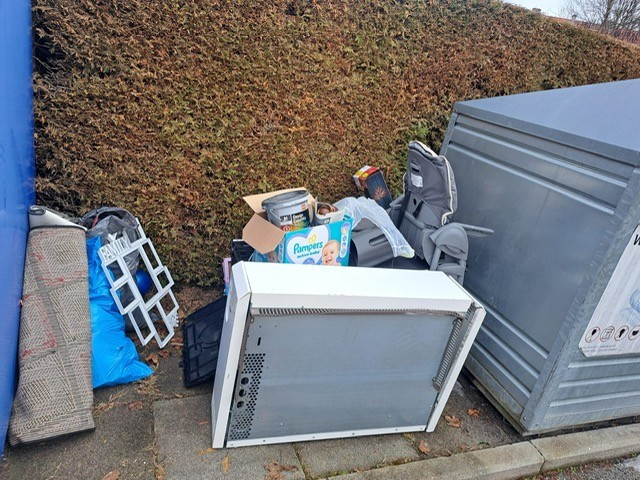 Müllcontainer mit Elektroschrott, Kindersitz und Teppich vor einer Hecke in Österreich.